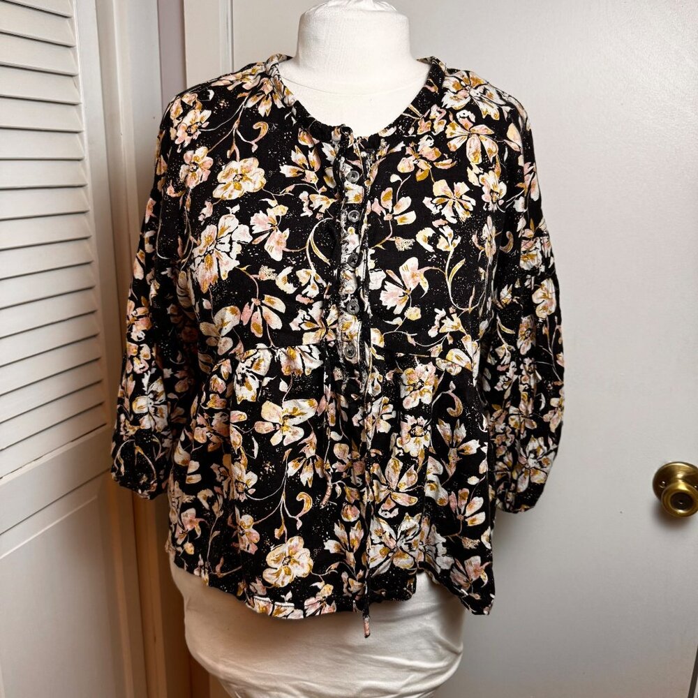 WE THE FREE HIGHLANDER FLORAL LINEN BLEND HALF BUTTON PLACKET FLOWY BLOUSE